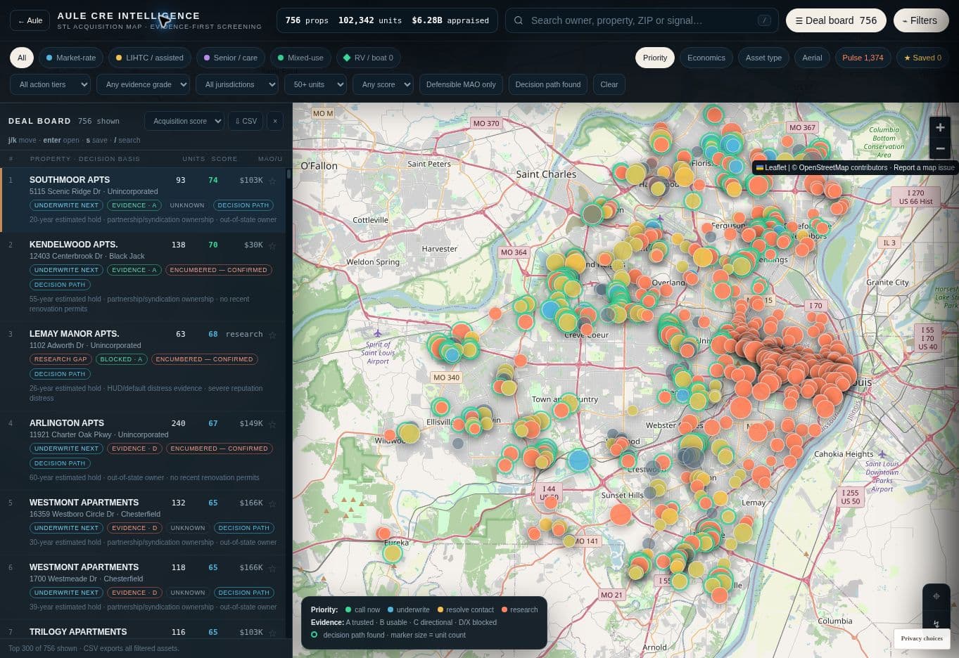 CRE Intelligence map with commercial property markers and ranked research board